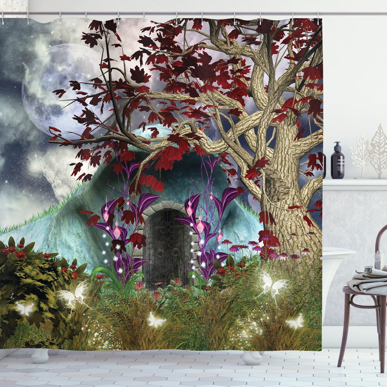 Ambesonne Forest Shower Curtain, Dark Gothic Themed Scene with Magic Tree and Secret Cave Moon Illustration, Cloth Fabric Bathroom Decor Set with Hooks, 69" W x 70" L, Green Eggshell Redwood